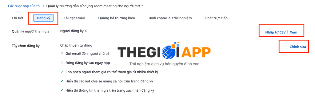 Cài đặt mẫu đăng ký cho cuộc họp zoom